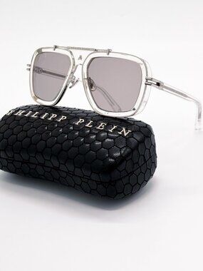 NEW PHILIPP PLEIN SUNGLASSES SPP109V 79F CRYSTAL/SILVER MEN EYEWEAR